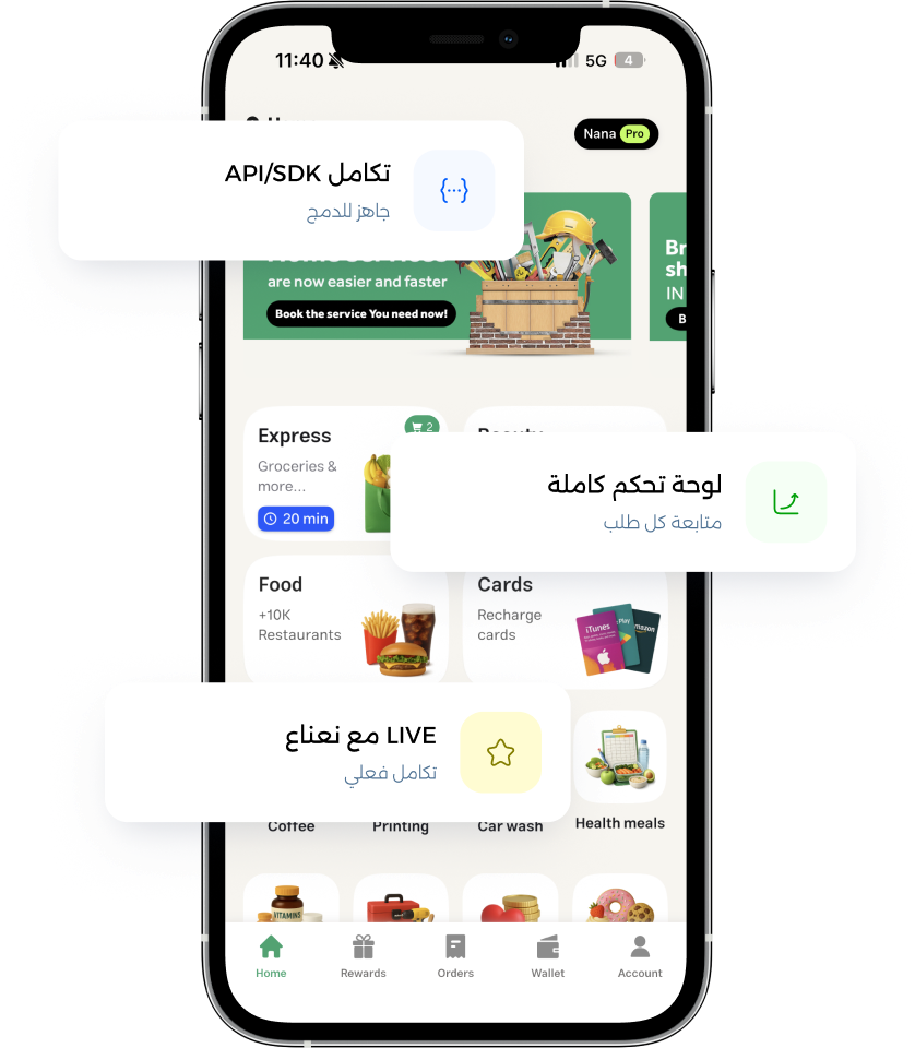 A partner app showing the Ajeer services section with integration cards, the dashboard, and the live Nana integration